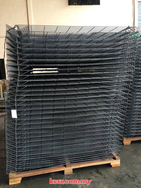 Roll top fence panels stacked on a pallet in the KCSS factory
